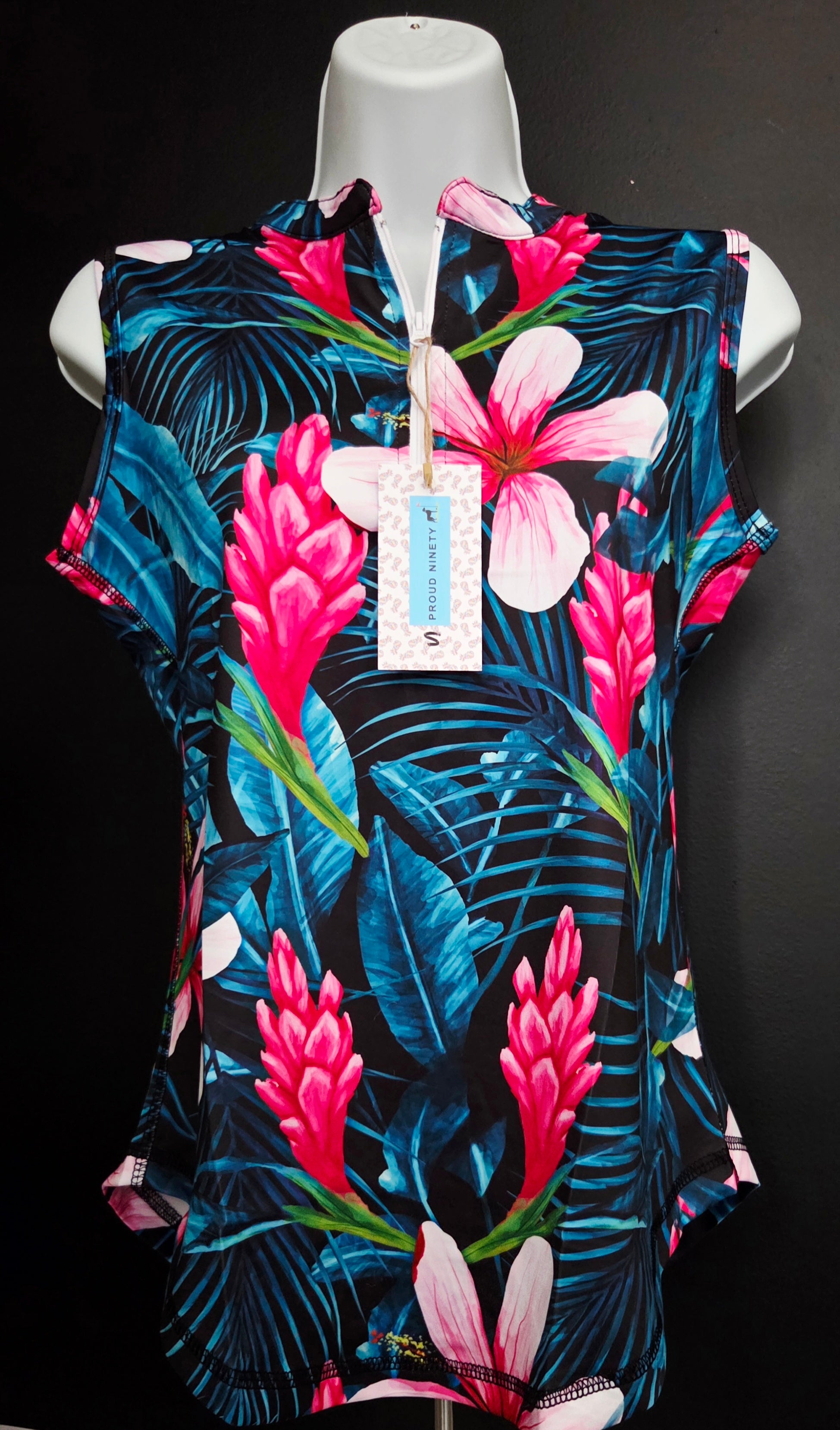 Women's Golf Sleeveless Shirt - Dark Blue with Flowers Design